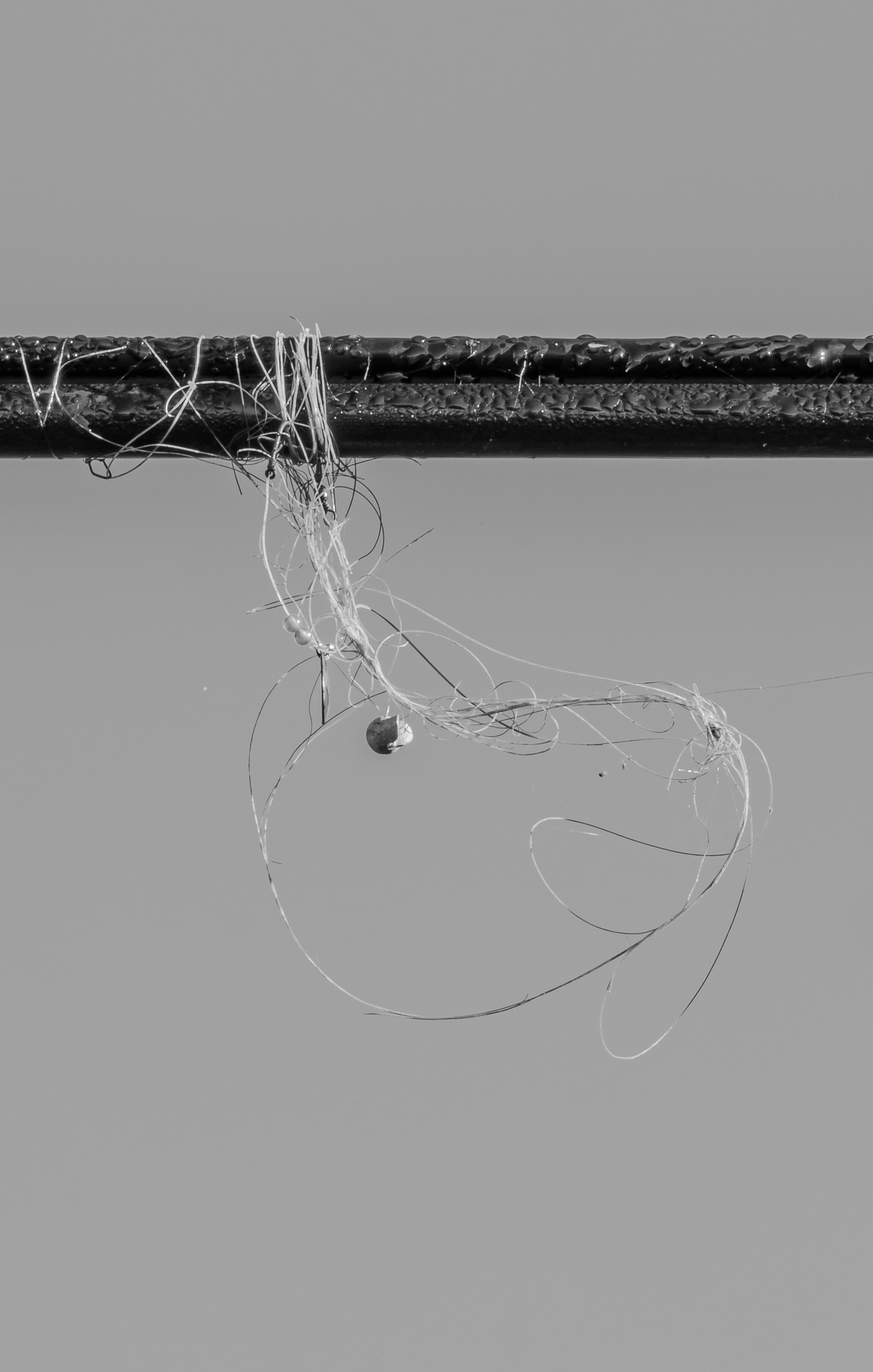 loops of fishing line and single weight hanging from utility line