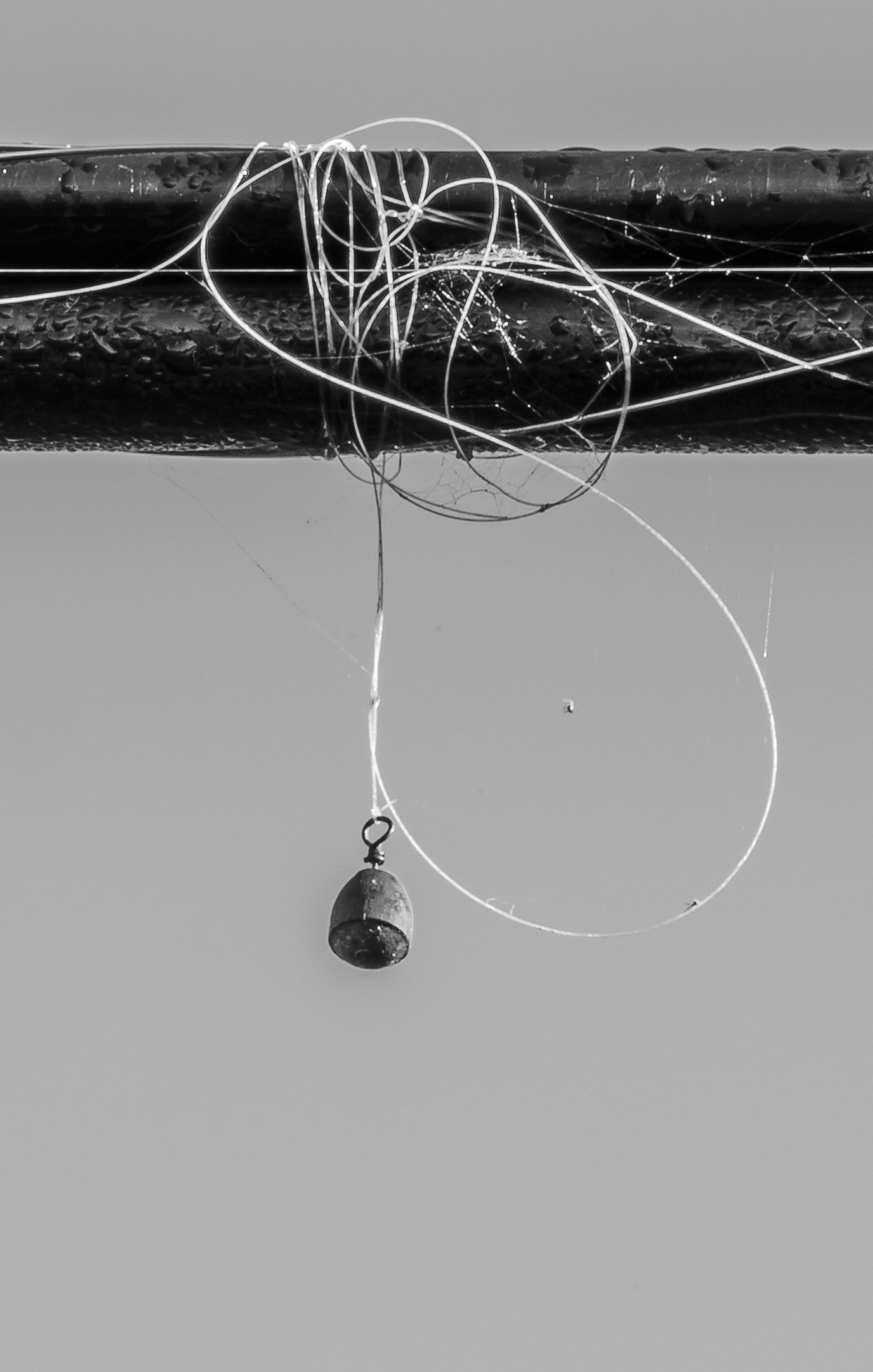 single fishing weight hanging from fishing line tangled around utility wire